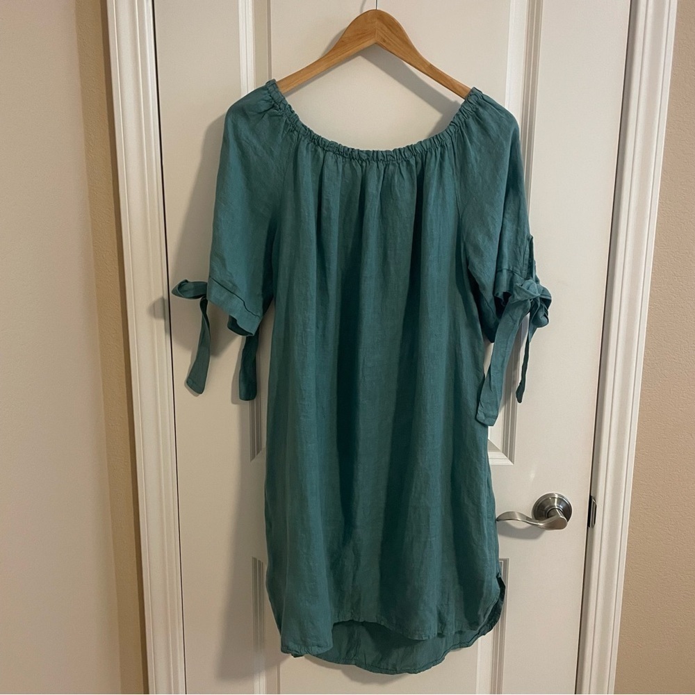 NWT Charlie Loves Coco Linen Off The Shoulder  Dress Tie Sleeves Green Blue OS